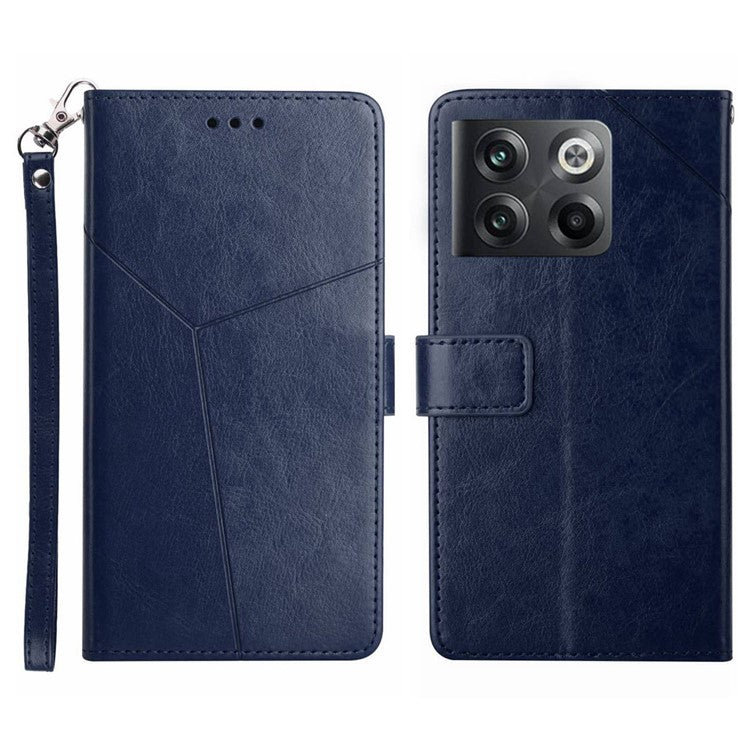 For OnePlus 10T 5G / Ace Pro 5G HT01 PU Leather Wallet Stand Case Imprinted Y-Shaped Lines Well-protected Phone Cover - Blue