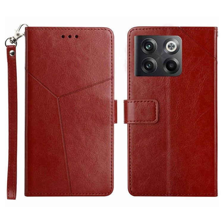 For OnePlus 10T 5G / Ace Pro 5G HT01 PU Leather Wallet Stand Case Imprinted Y-Shaped Lines Well-protected Phone Cover - Brown