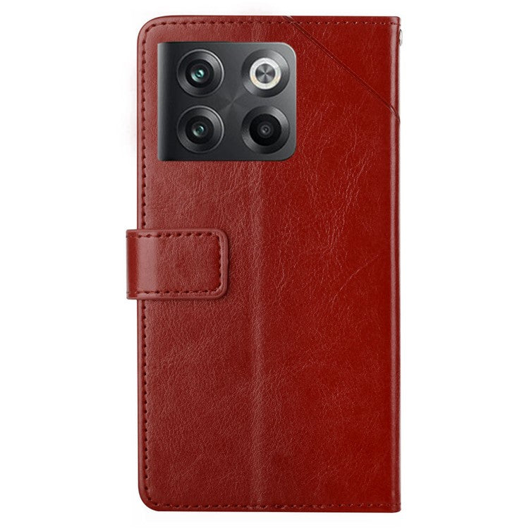 For OnePlus 10T 5G / Ace Pro 5G HT01 PU Leather Wallet Stand Case Imprinted Y-Shaped Lines Well-protected Phone Cover - Brown