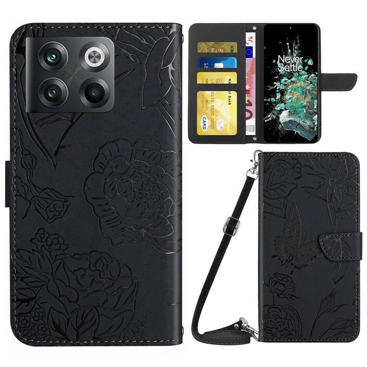 For OnePlus 10T 5G / Ace Pro 5G Skin-touch Magnetic Leather Folio Flip Cover Butterfly Flowers Imprinting Stand Wallet Case with Shoulder Strap - Black