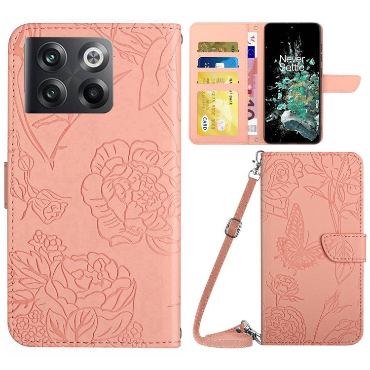For OnePlus 10T 5G / Ace Pro 5G Skin-touch Magnetic Leather Folio Flip Cover Butterfly Flowers Imprinting Stand Wallet Case with Shoulder Strap - Pink