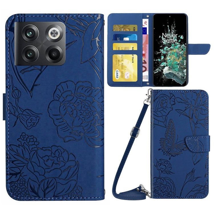 For OnePlus 10T 5G / Ace Pro 5G Skin-touch Magnetic Leather Folio Flip Cover Butterfly Flowers Imprinting Stand Wallet Case with Shoulder Strap - Blue