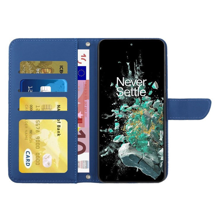For OnePlus 10T 5G / Ace Pro 5G Skin-touch Magnetic Leather Folio Flip Cover Butterfly Flowers Imprinting Stand Wallet Case with Shoulder Strap - Blue