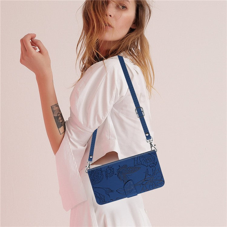 For OnePlus 10T 5G / Ace Pro 5G Skin-touch Magnetic Leather Folio Flip Cover Butterfly Flowers Imprinting Stand Wallet Case with Shoulder Strap - Blue