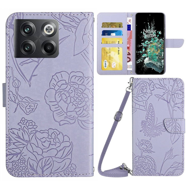 For OnePlus 10T 5G / Ace Pro 5G Skin-touch Magnetic Leather Folio Flip Cover Butterfly Flowers Imprinting Stand Wallet Case with Shoulder Strap - Light Purple
