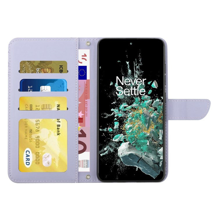 For OnePlus 10T 5G / Ace Pro 5G Skin-touch Magnetic Leather Folio Flip Cover Butterfly Flowers Imprinting Stand Wallet Case with Shoulder Strap - Light Purple