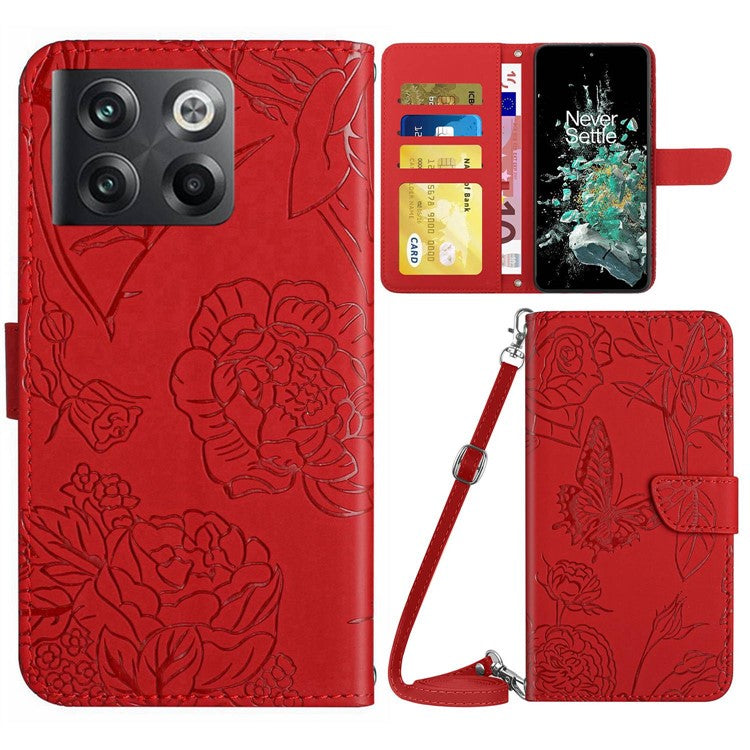 For OnePlus 10T 5G / Ace Pro 5G Skin-touch Magnetic Leather Folio Flip Cover Butterfly Flowers Imprinting Stand Wallet Case with Shoulder Strap - Red