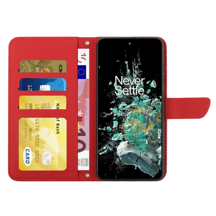 For OnePlus 10T 5G / Ace Pro 5G Skin-touch Magnetic Leather Folio Flip Cover Butterfly Flowers Imprinting Stand Wallet Case with Shoulder Strap - Red