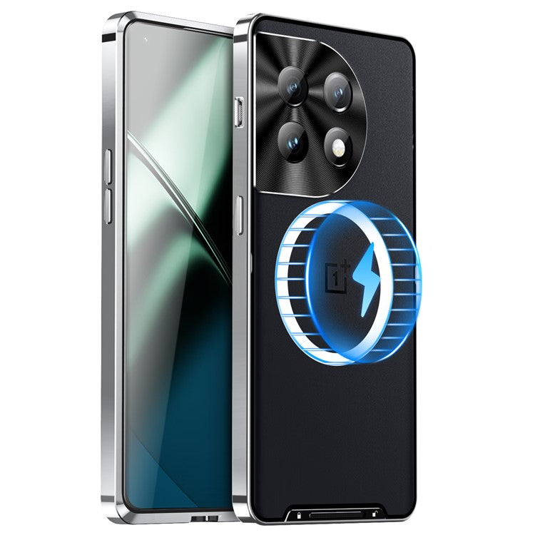 For OnePlus 11 5G Magnetic Phone Case Electroplating Metal Edge Matte Phone Cover with Lens Protection - Silver