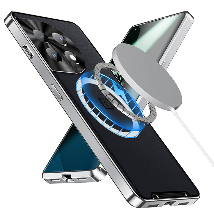 For OnePlus 11 5G Magnetic Phone Case Electroplating Metal Edge Matte Phone Cover with Lens Protection - Silver
