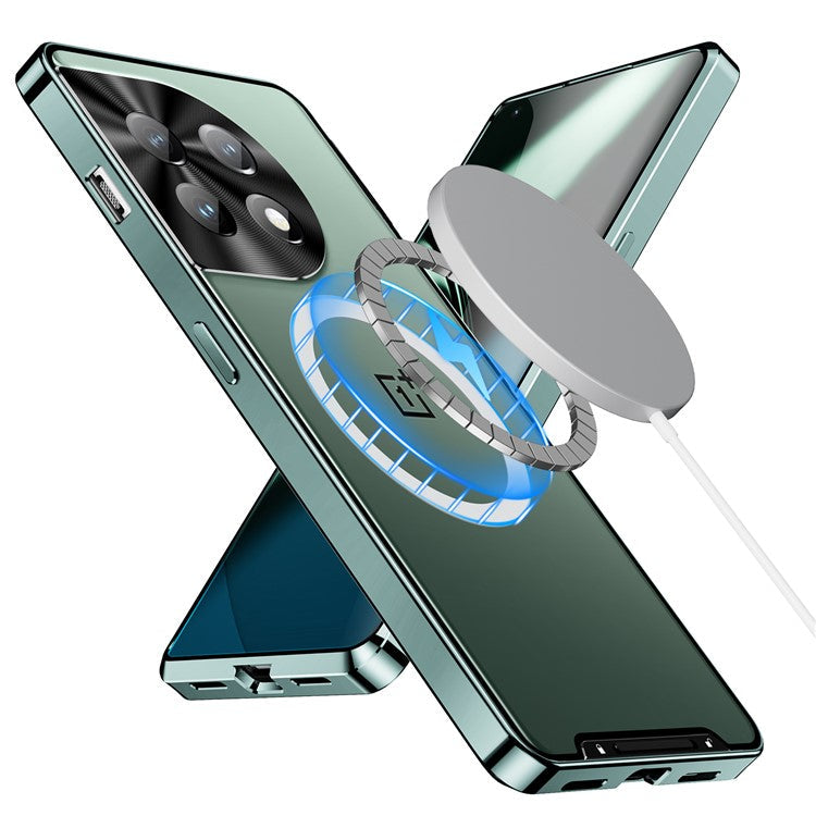 For OnePlus 11 5G Magnetic Phone Case Electroplating Metal Edge Matte Phone Cover with Lens Protection - Green