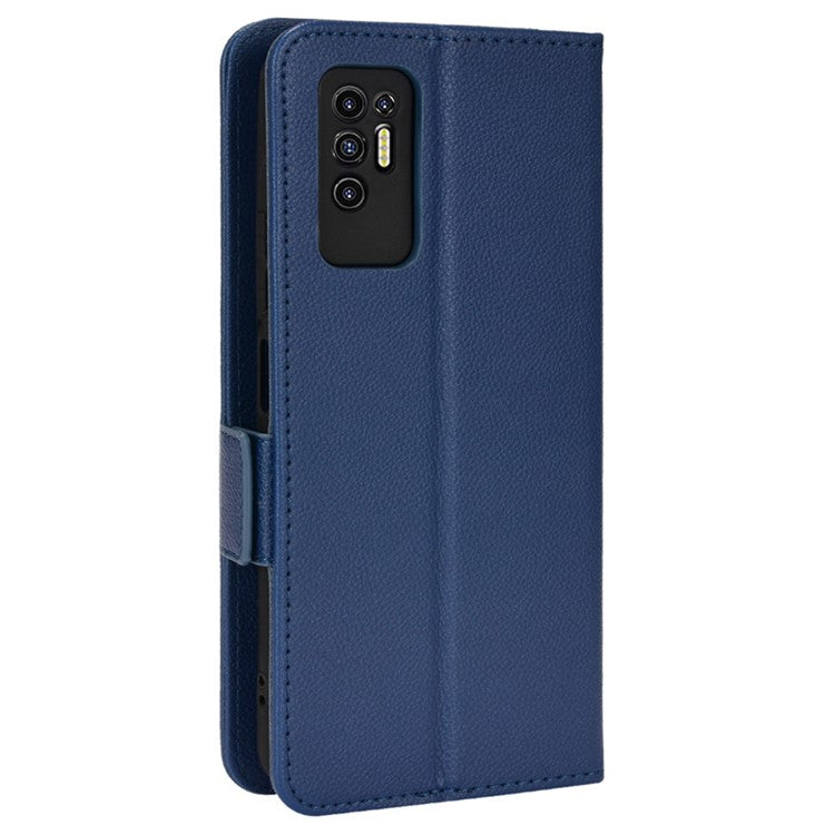 Flip Cell Phone Case for TECNO Pova 2 / LE7, Wallet Stand Magnetic Clasp Litchi Texture Leather Cover Inner TPU Phone Shell - Dark Blue
