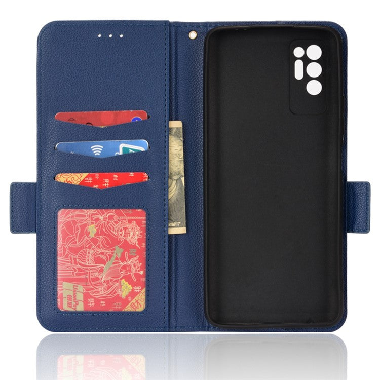 Flip Cell Phone Case for TECNO Pova 2 / LE7, Wallet Stand Magnetic Clasp Litchi Texture Leather Cover Inner TPU Phone Shell - Dark Blue