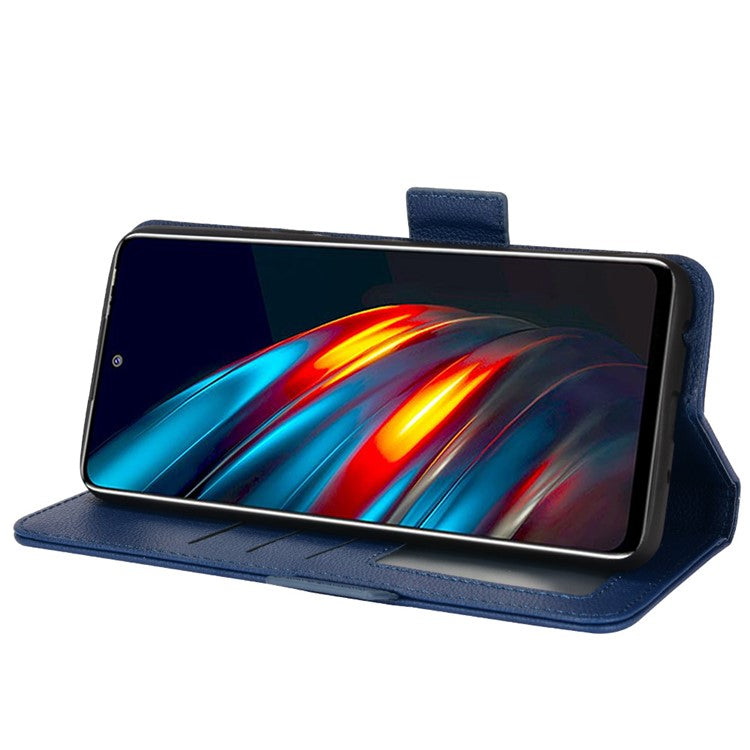 Flip Cell Phone Case for TECNO Pova 2 / LE7, Wallet Stand Magnetic Clasp Litchi Texture Leather Cover Inner TPU Phone Shell - Dark Blue