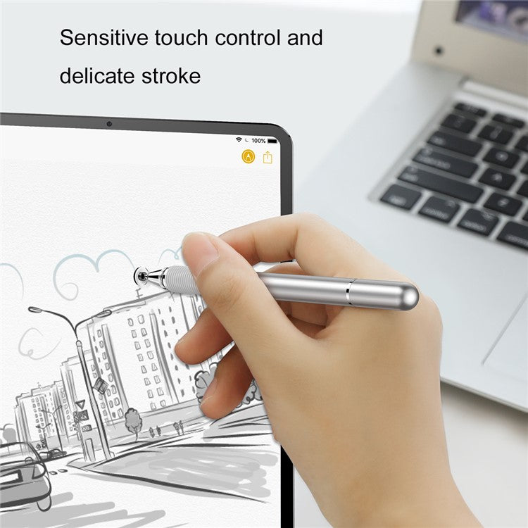BASEUS 2-in-1 Capacitive Stylus Pen Touch Screen Pencil for Drawing Writing Gaming Compatible with Mobile Phones / Tablets - Silver