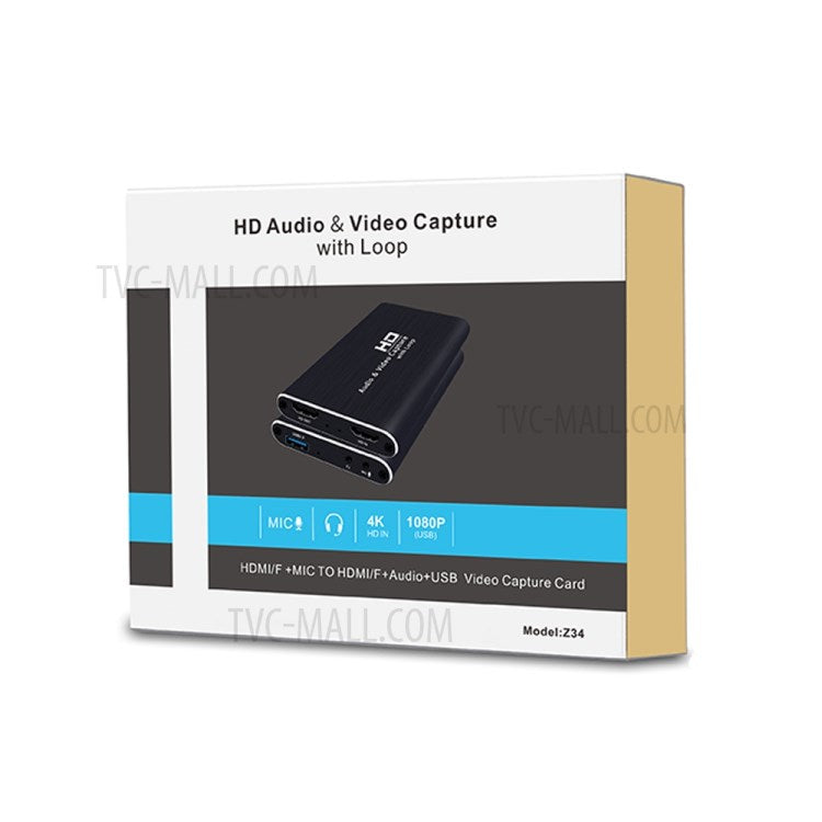 Z34 HDMI Female+Mic to HDMI Female+Audio+USB HD Audio Video Capture Card with Loop for Gaming Recording Live Broadcasting