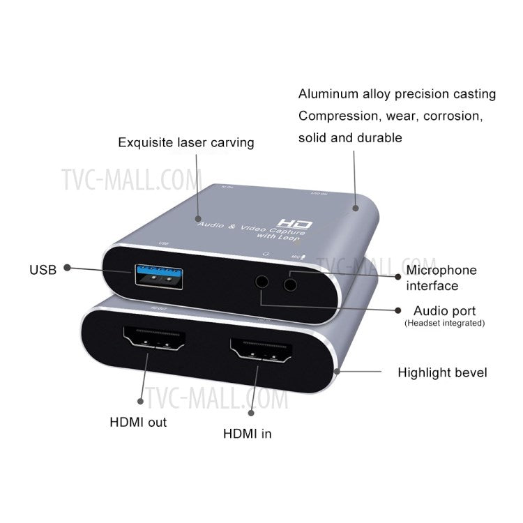 Z37 HDMI Female+Mic to HDMI Female+Audio+USB HD Audio Video Capture Card with Loop Gaming Recording Live Broadcasting Device