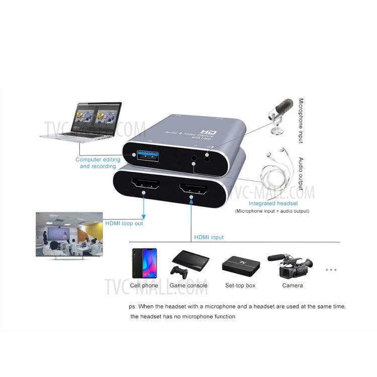 Z37 HDMI Female+Mic to HDMI Female+Audio+USB HD Audio Video Capture Card with Loop Gaming Recording Live Broadcasting Device