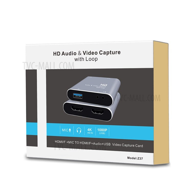 Z37 HDMI Female+Mic to HDMI Female+Audio+USB HD Audio Video Capture Card with Loop Gaming Recording Live Broadcasting Device
