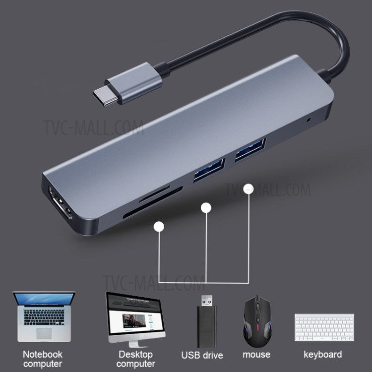 2008N 5-in-1 Multifunction Type-C to Hub Adapter with USB 3.0 TF SD Card Reader Port