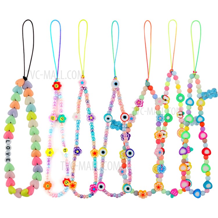 Flower Star Beaded Mobile Phone Wrist Strap Polymer Clay Resin Colorful Beads Phone Lanyard - B47-0303