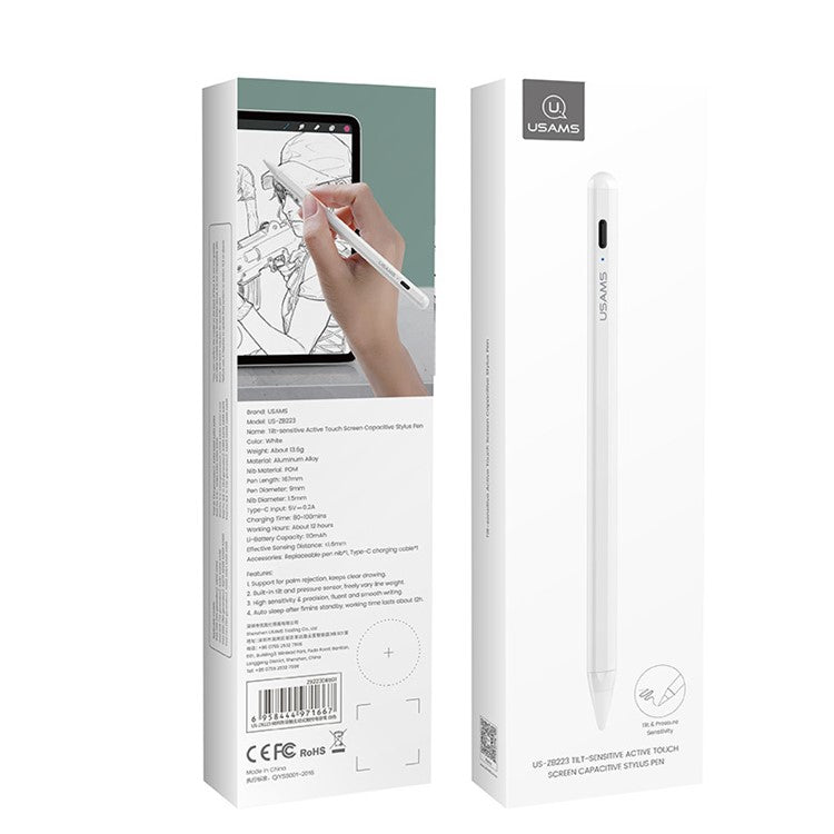 USAMS US-ZB223 Active Stylus Pen for iPad 2018-2021 Sensitivity Capacitive Palm Rejection Drawing Writing Tablet Pen
