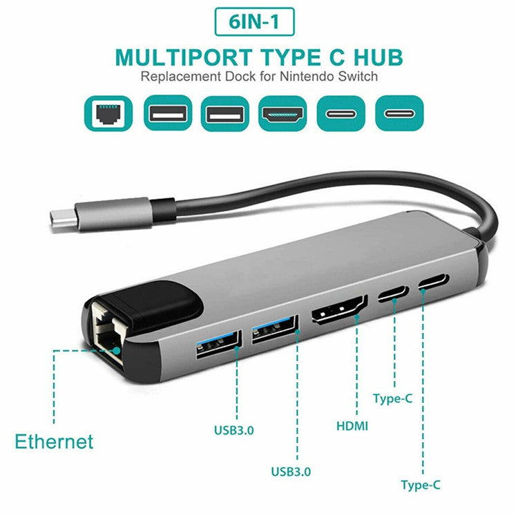 6 in 1 USB Type-C Hub Adapter Dock with 4K HDMI PD RJ45 Ethernet Card Reader