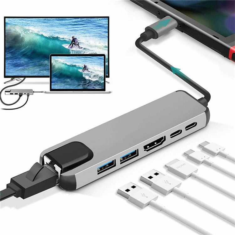 6 in 1 USB Type-C Hub Adapter Dock with 4K HDMI PD RJ45 Ethernet Card Reader