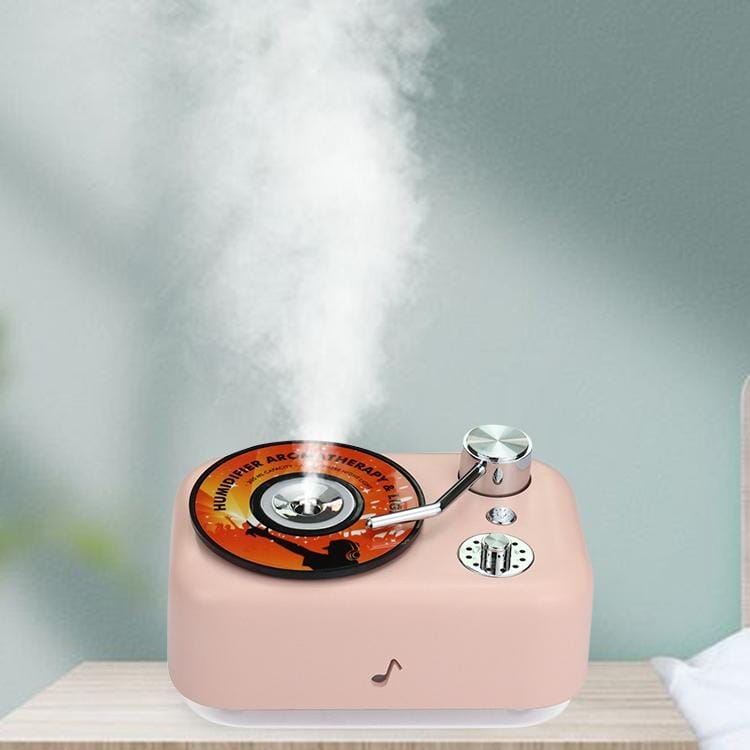 300ML Retro Turntable Style Hollow Music Symbol Night Light Air Humidifier Purifier (Pink)