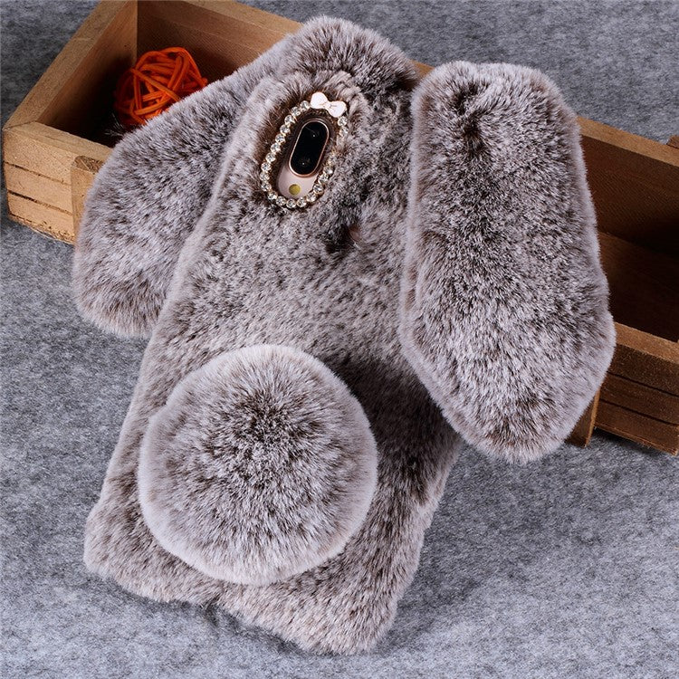 For Huawei P20 Lite / Nova 3e (China) Rabbit Shape Fluffy Fur Coated Rhinestone TPU Protective Back Cover - Brown