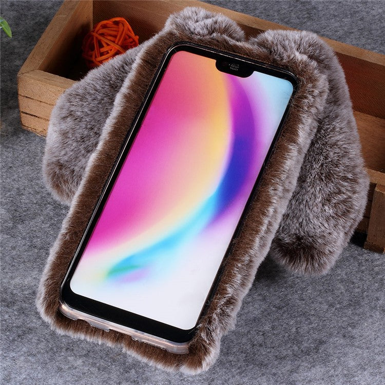For Huawei P20 Lite / Nova 3e (China) Rabbit Shape Fluffy Fur Coated Rhinestone TPU Protective Back Cover - Brown