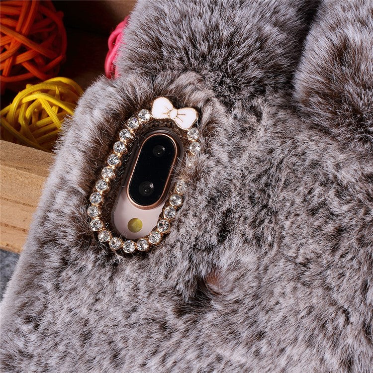 For Huawei P20 Lite / Nova 3e (China) Rabbit Shape Fluffy Fur Coated Rhinestone TPU Protective Back Cover - Brown