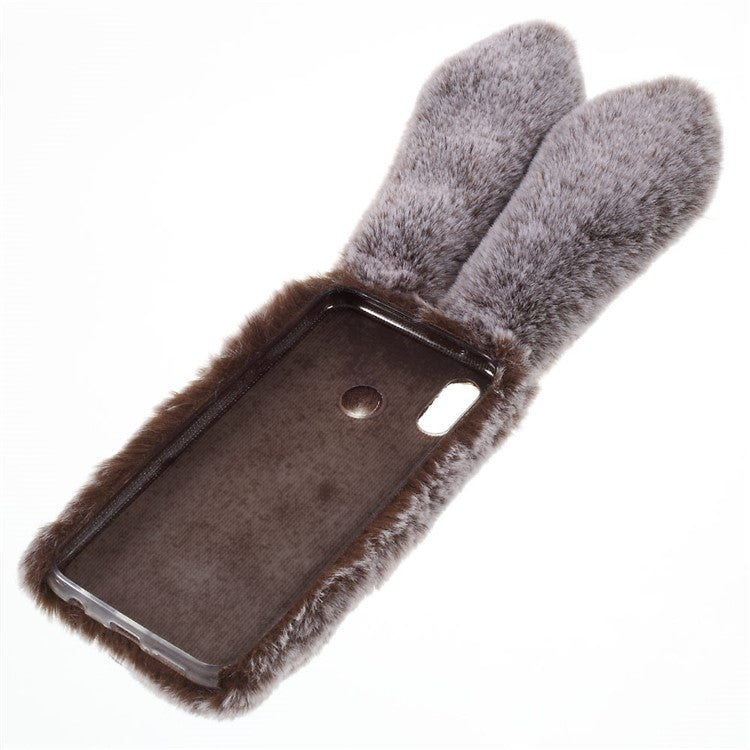 For Huawei P20 Lite / Nova 3e (China) Rabbit Shape Fluffy Fur Coated Rhinestone TPU Protective Back Cover - Brown