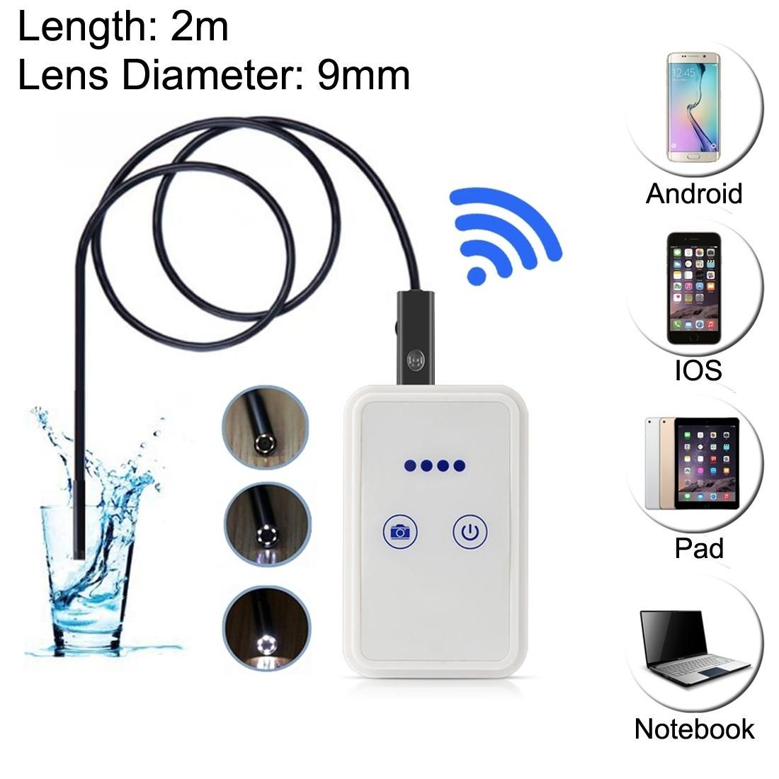1.0MP HD Camera 30m Wireless Distance WiFi Endoscope Snake Tube Inspection Camera with 6 LED for Android & iOS Phones & Tablet PC & Laptop, Waterproof IP67, Length: 2m, Lens Diameter: 9mm