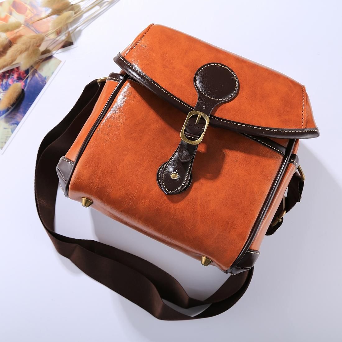 Portable Digital Camera Shoulder Bag Soft PU Leather Bag with Strap, Size: 21cm x 15cm x 20cm (Brown)