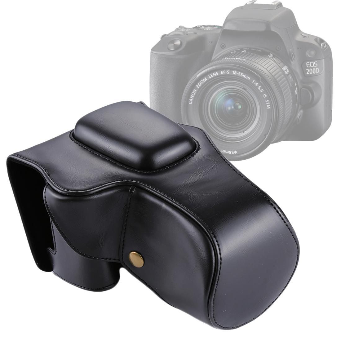 Full Body Camera PU Leather Case Bag for Canon EOS 200D (Black)
