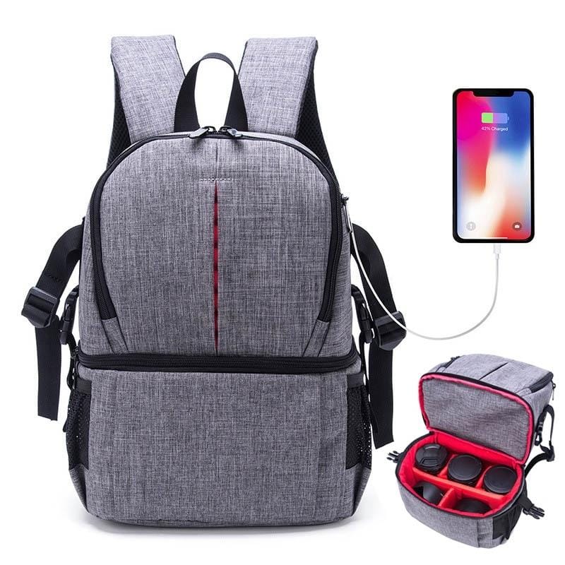 Multi-functional Waterproof Nylon Shoulder Backpack Padded Shockproof Camera Case Bag for Nikon Canon DSLR Cameras (Grey)