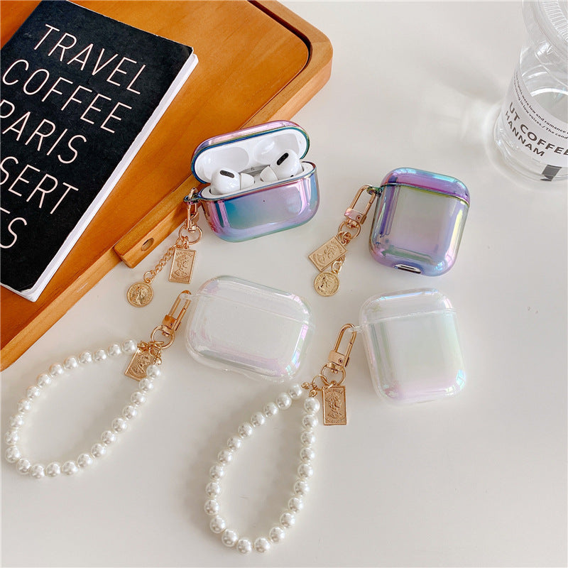 Uniqkart Suitable for Airpods 1/2 Pro Generation Laser Luxury Headphone Protective Cover Transparent Comet White + Pearl Chain