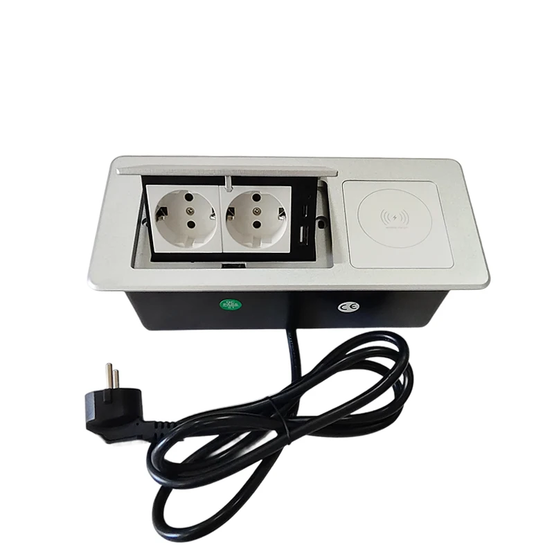 Desktop pop up Socket 2 EU plug with USB A&C charging with Wireless charging with 1.8m power cable