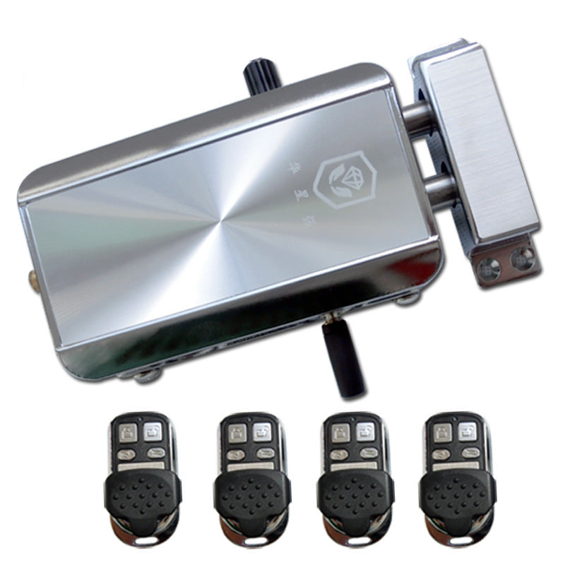 Metallic door lock system with remote controls on a white background