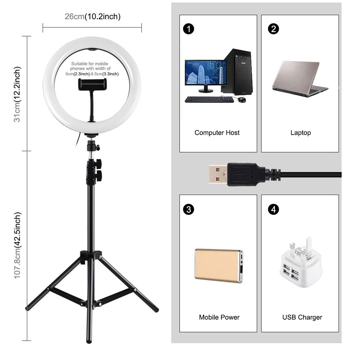 PULUZ 10 inch 26cm Marquee LED RGBWW Light + 1.1m Tripod Mount 168 LED Dual-color Temperature Dimmable Ring Vlogging Photography Video Lights with Cold Shoe Tripod Ball Head & Remote Control & Phone Clamp (Black)
