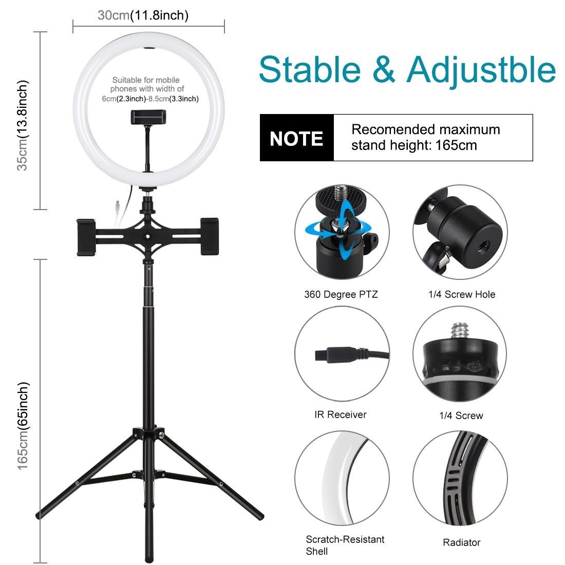 PULUZ 11.8 inch 30cm RGBW Light + 1.65m Mount + Dual Phone Brackets Curved Surface RGBW Dimmable LED Ring Vlogging Light Live Broadcast Kits with Cold Shoe Tripod Adapter & Phone Clamp & Remote Control (Black)