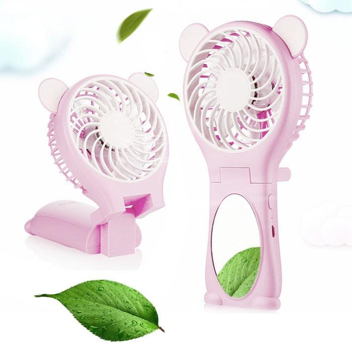 Bear Shaped Multi-function Portable Rechargeable Folding Mini USB Fan with Mirror (Pink)