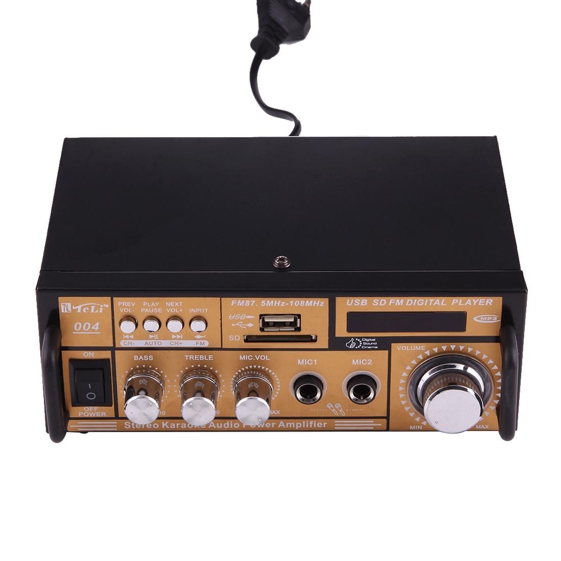 2CH HiFi Stereo Audio Amplifier with Remote Controller, LED Display, USB / SD / MMC Card / MP3 / AUX / FM Radio, AC 220V / DC 12V (Black)