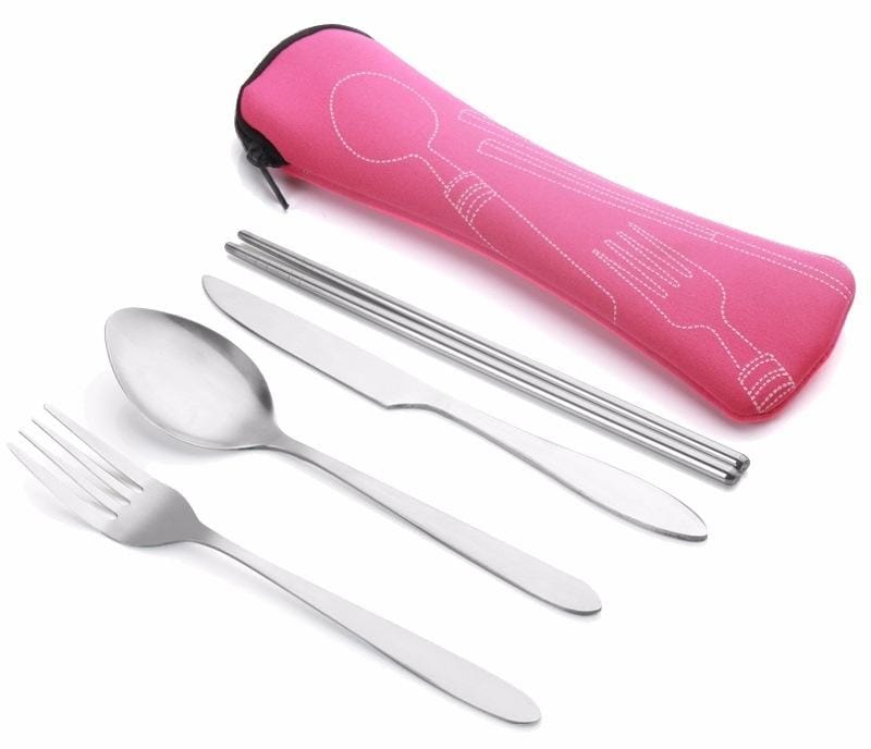 ASD88 4 Pcs/Set Stainless Steel Fork Spoon Chopsticks Travel Camping Cutlery Tools Tableware (Purple)