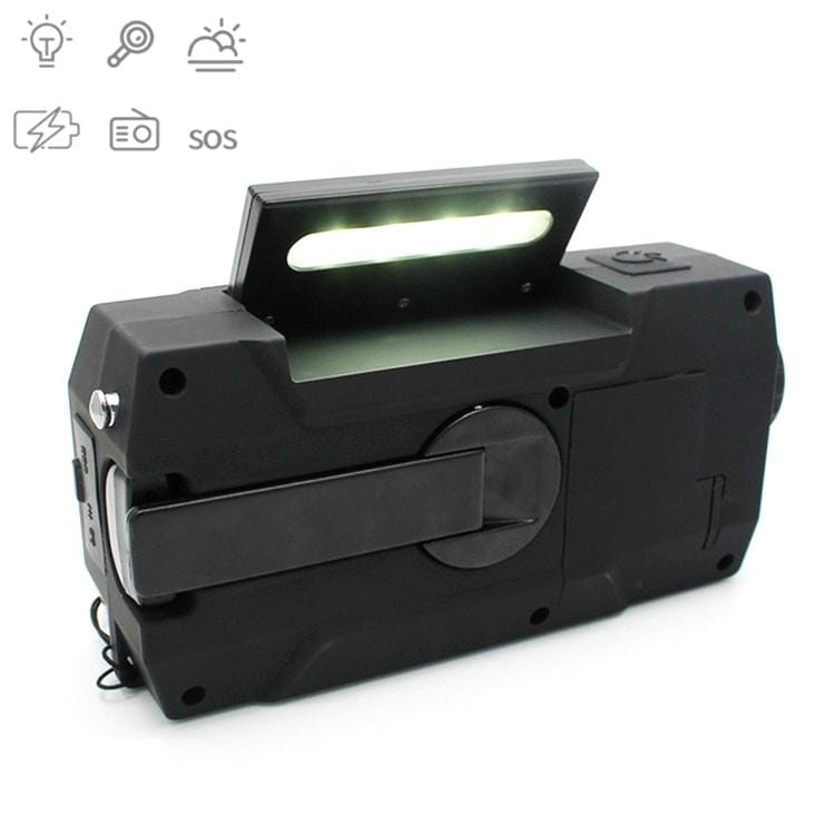 Multifunctional Hand Crank Solar Power LED Flashlight Full Band FM Radio Desk Lamp Alarm, Style:US Version NOAA (Black)