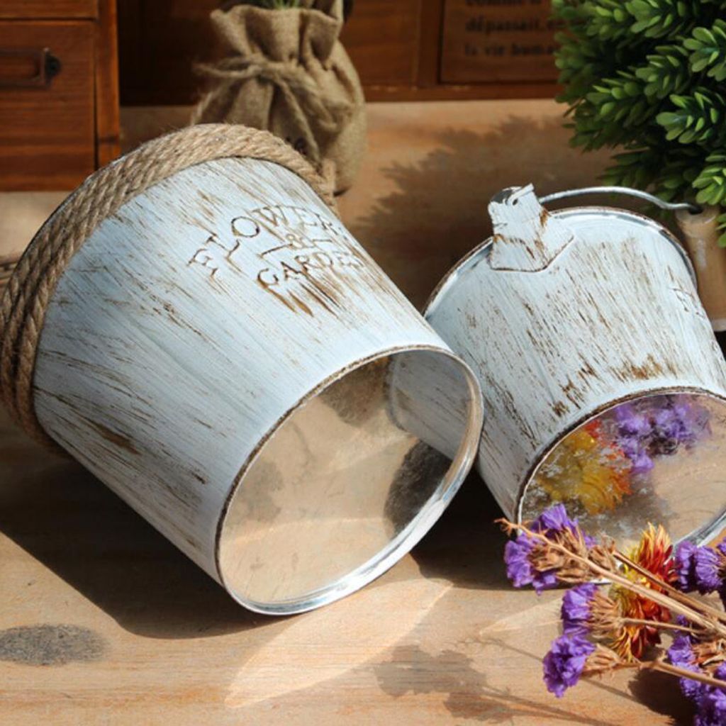 Shabby Chic Galvanised Metal Iron Flower Plants Bucket Flower Vase Pot #2