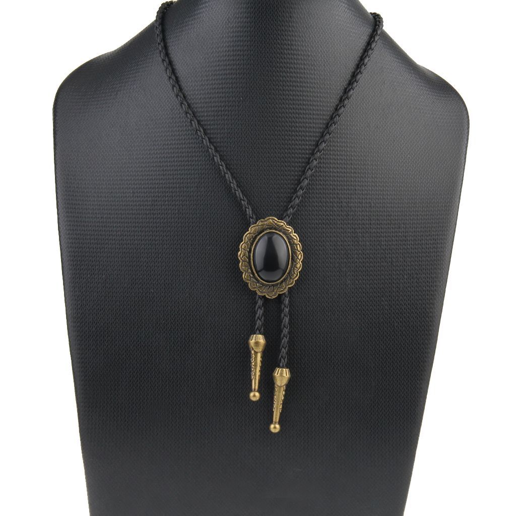 Oval Gemstone Bolo Bola Tie Rodeo Cowboy PU Leather Necktie Antique Bronze