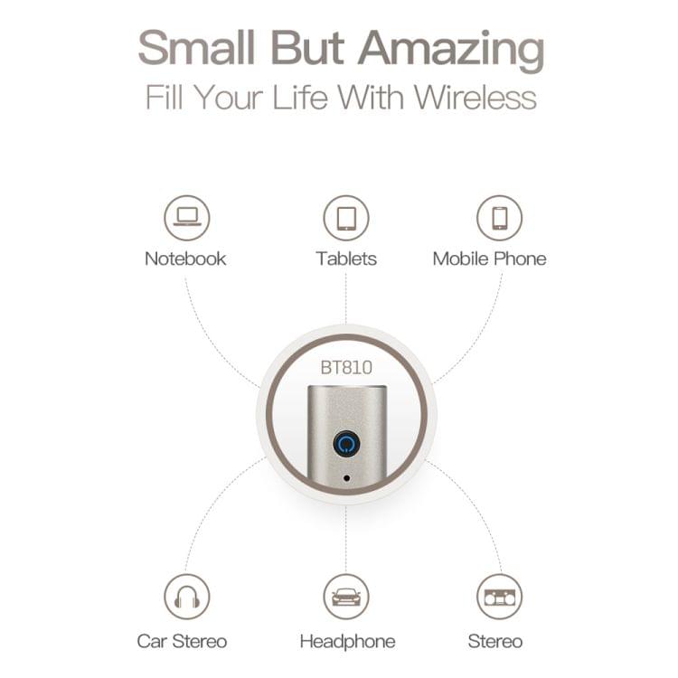 BT810 Bluetooth V4.2+EDR Wireless Bluetooth Transmitter Receiver Music Adapter with 3.5mm Audio Plug & USB Cable (Gold)