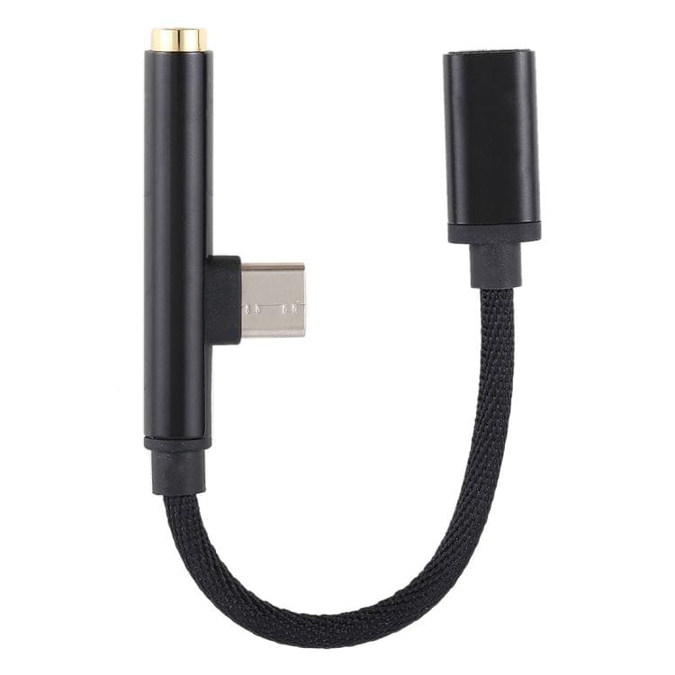 3 in 1 Type-C Male to 3.5mm Female Nylon Earphone Audio Adapter (Black)